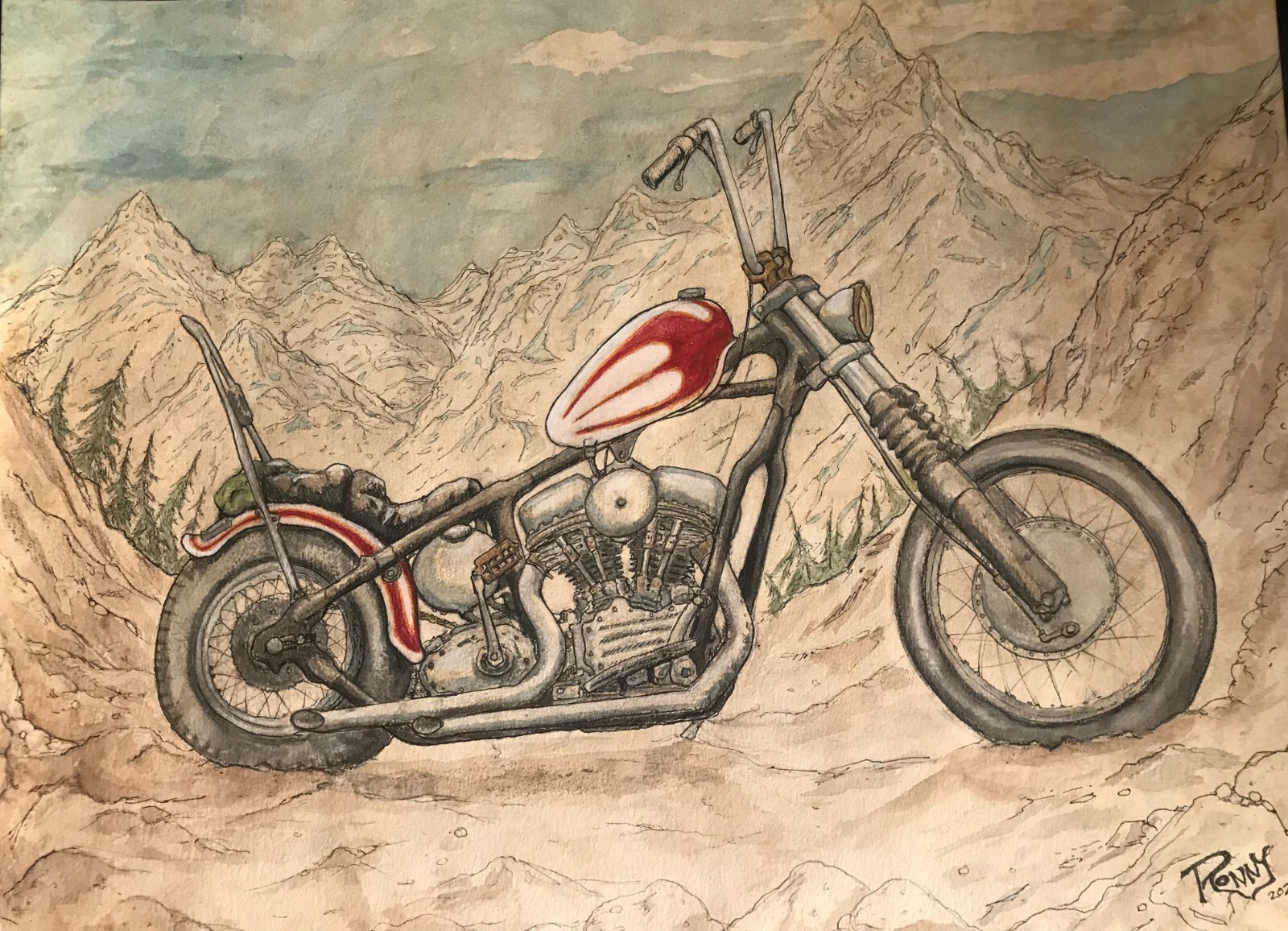 Framed Motorcycle ink drawing Panhead painting harley