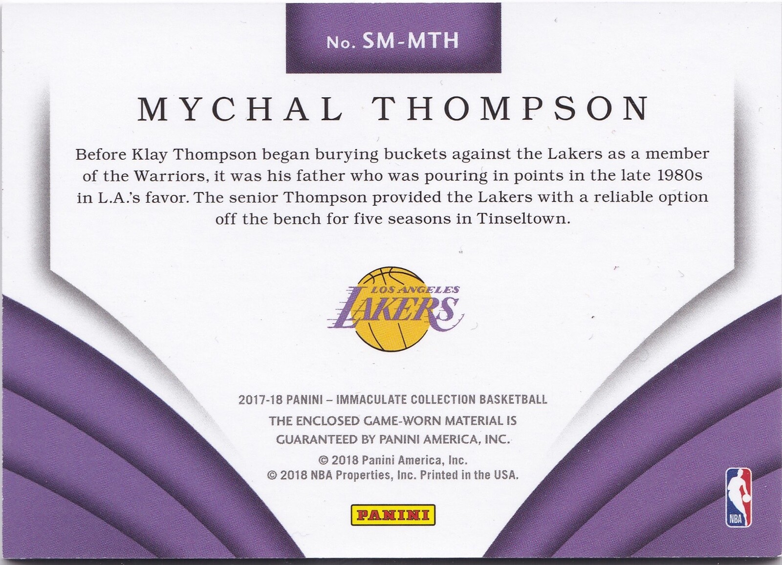 2017-18 Panini Immaculate MYCHAL THOMPSON /49 Standout Memorabilia LA Lakers