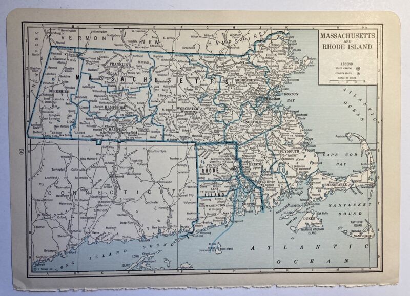 Massachusetts Rhode Island 1935 Antique Map J Thomas Co Great to Frame MA RI
