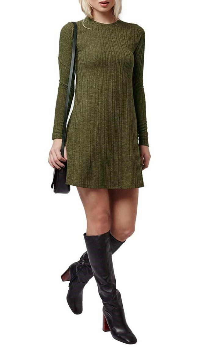 Topshop 134158 Womens Green Ribbed Long Sleeve Casual Tunic Dress Size 8