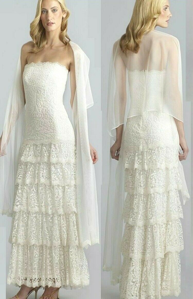 Pre-owned Tadashi Shoji Strapless Ivory Lace Tiered Dress Gown & Stole 8 14 $608 In White