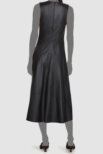 Pre-owned Vince $1696  Women Black Leather Sleeveless Jewel Neck Midi A Line Dress Size 12