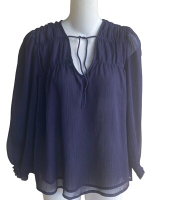 Old Navy Sheer Peasant Top Blouse Navy Blue Long Sleeve Front Tie Woman S Petite
