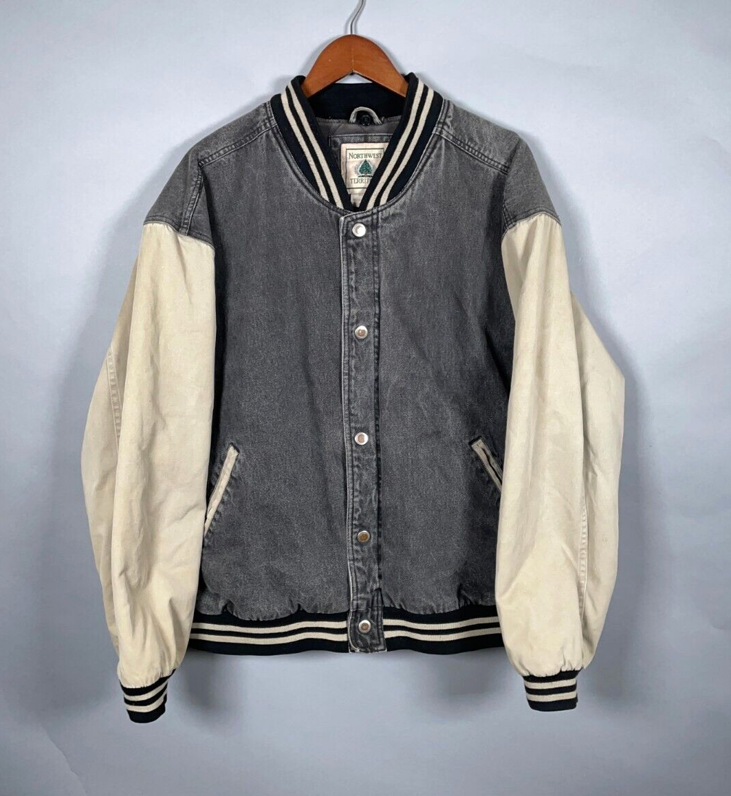 Denim Varsity Bomber Jacket Adult XL Black Beige Snap Button