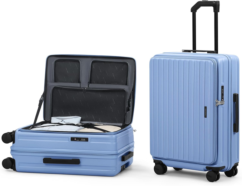20 Inch Carry on Luggage Expandable TOP Opening Rolling Vacation Suitcase with Spinner Wheels and TSA Lock Cup Holder PC Hard Shell Travel Trolley Case for Shout Business Trips Blue