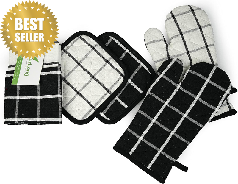 100% Cotton Eco-Friendly Honey Comb Weave 6-Piece Kitchen Set, 2 Oven Mitt, 2 Po