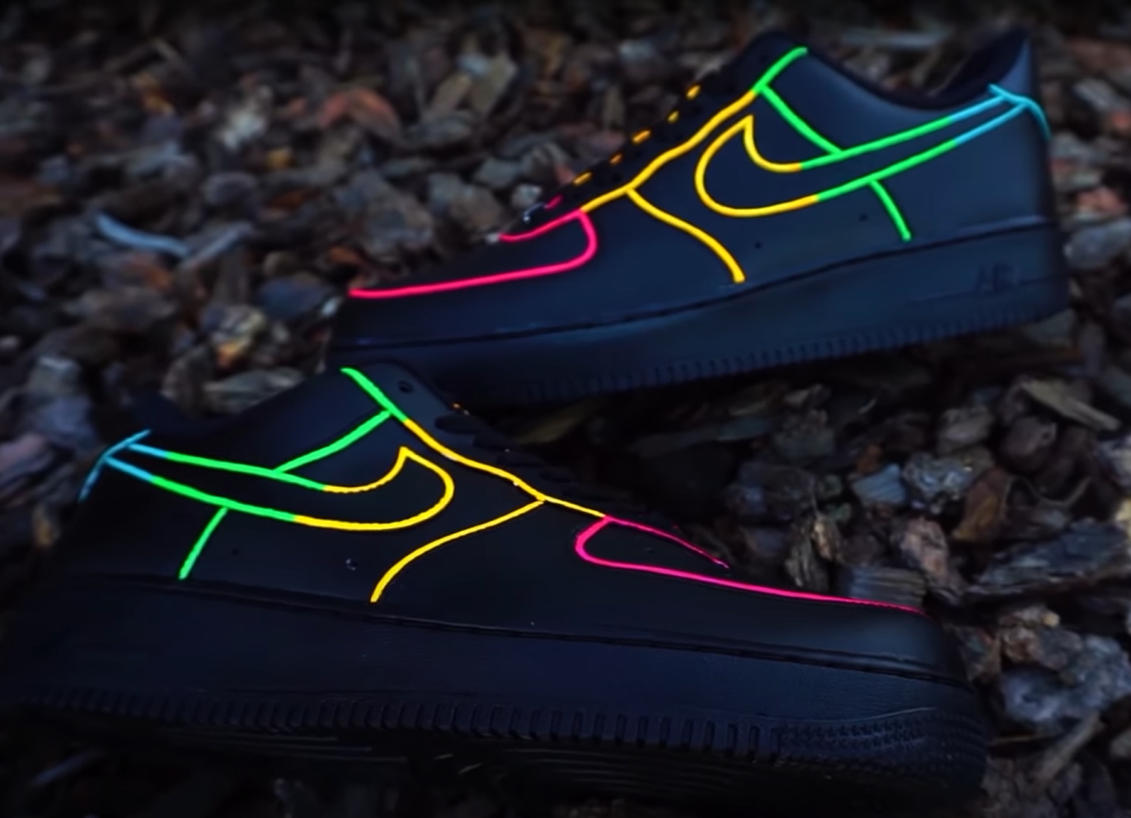 Pre-owned Nike Air Force 1 Custom Shoes Black Neon Outline Blue Green Yellow Pink All Size