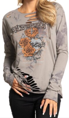 Affliction Women s Damen American Customs Tour Rhinestone Destroyed L/S Shirt S