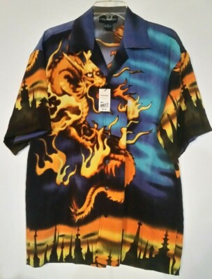 /  OSCA MISA  Men's-sz Med-Polyester-BLUE w/ Gold DRAGON-sh sleeve- NWT $69.99