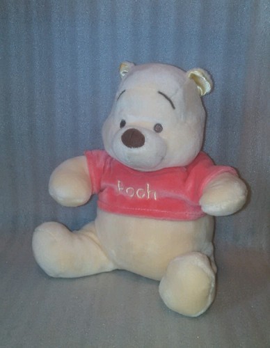 Disney Plush 8 in Sitting Winnie The Pooh Bear Pink Shirt Rattle stuffed Lovey