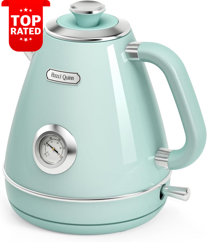 Vintage 1.7L Electric Tea Kettle with Thermometer Mint Green Retro Design