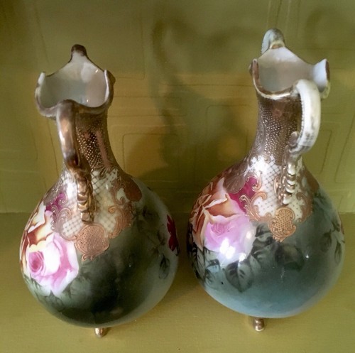 Pair Antique Nippon Hand Painted Rose Gold Vases 9