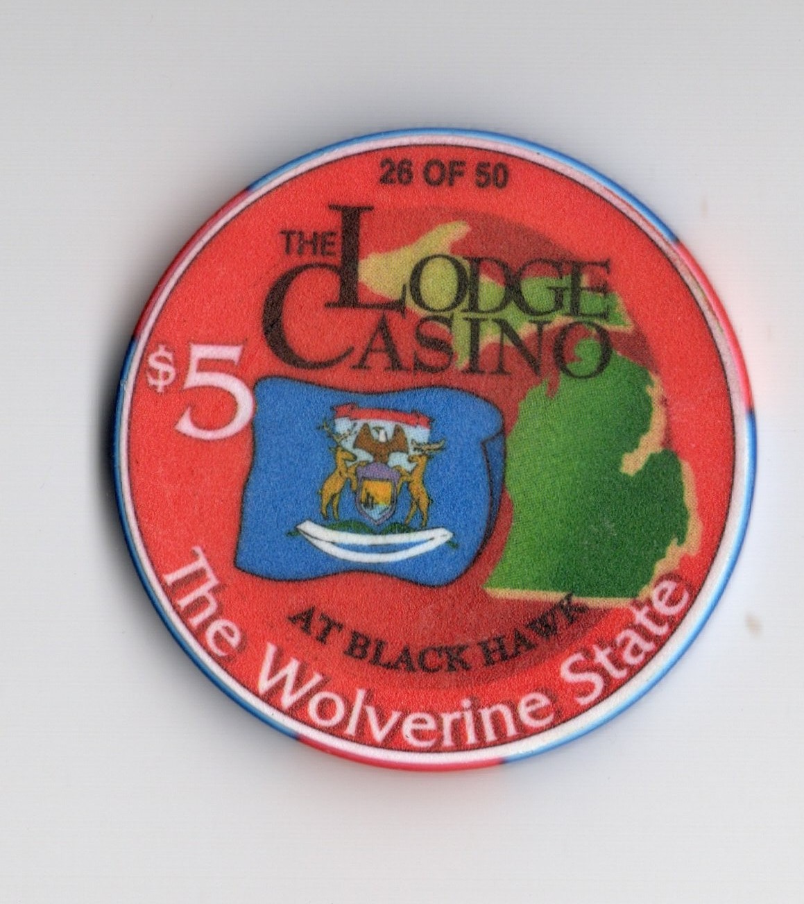 Lodge Casino Black Hawk State Series Michigan The Wolverine State $5 Casino Chip