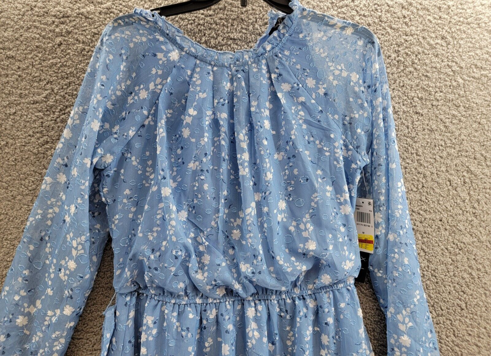 Trixxi Long-Sleeve Tied-Waist Dress Juniors' M Blue/Ivory Tie Waist Back Button - Picture 3 of 17