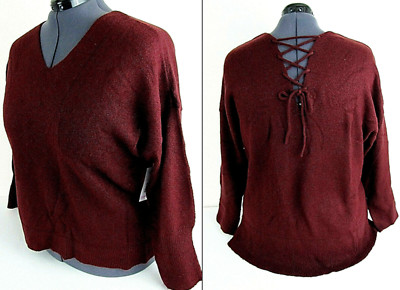 a.n.a 2X Wine Burgundy Tunic Sweater Double V Lace up Tie Long Sleeve Warm New