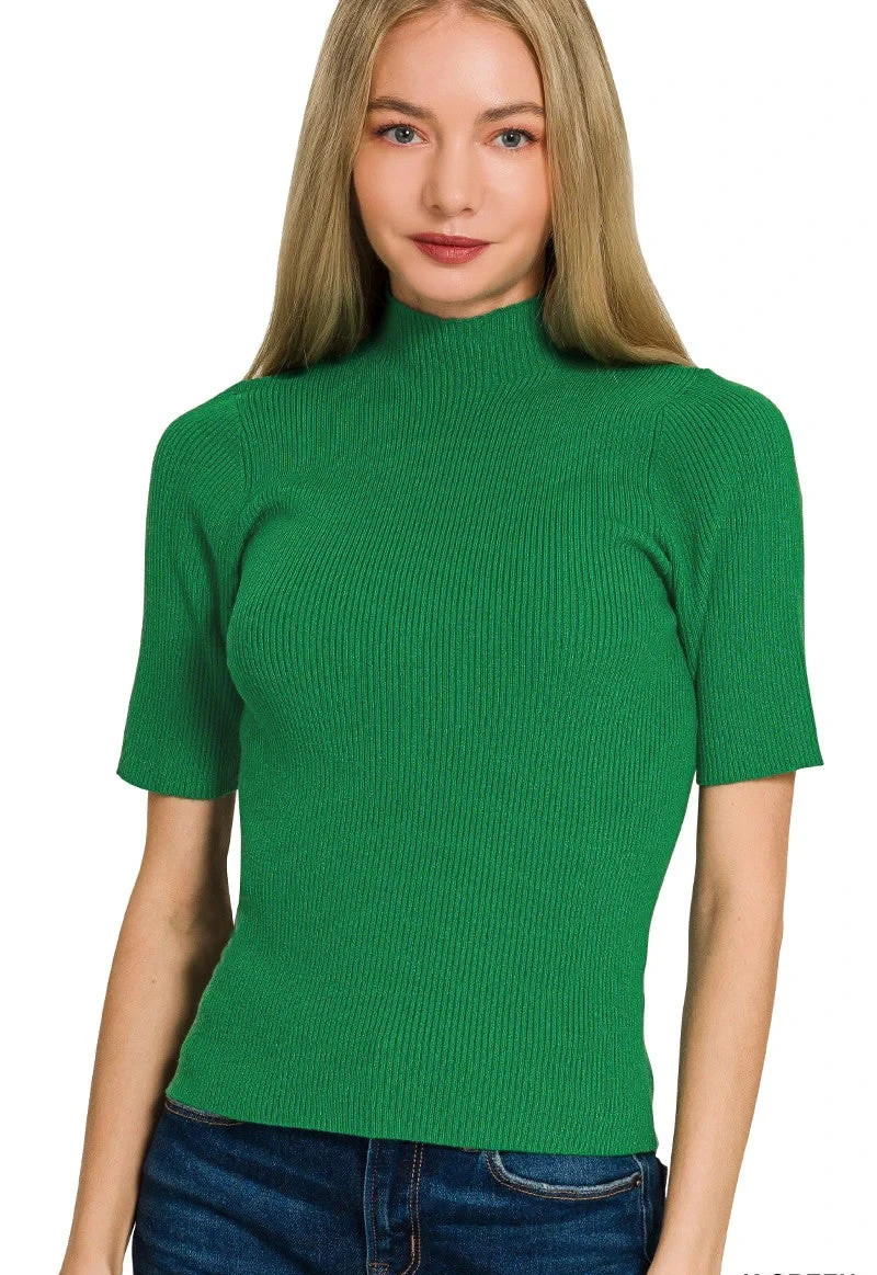 Zenana Women's Knit Pullover Top Green Viscose Ribbed Mock Neck Sweater img