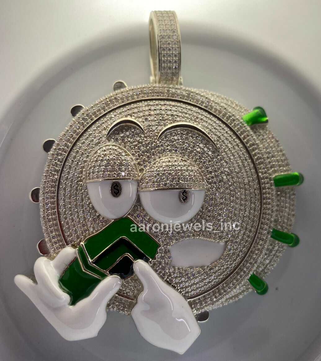 Pre-owned Handmade Men's Moissanite Vvs1 Cartoon Big Enamel Pendant Real 925 Silver Passes Tester In White/colorless
