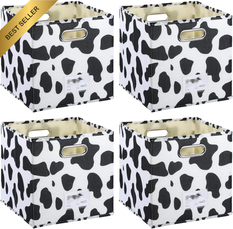 4 Pc Cow Print Storage Cubes Foldable Fabric Stackable Organizer