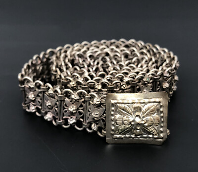 Antique 1900/'s Silver Plated Hand-Engraved Belt Buckle Additional Secure Chain Oval Bracelet