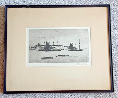 Listed Massachusetts Artist Phillip Little Clipper Ships Nautical Scene  Etching