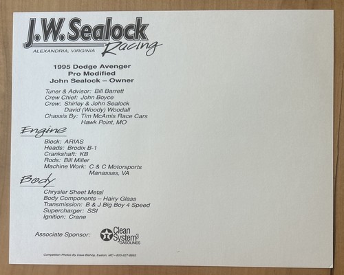 Tim McAmis J.W. Sealock Racing '95 Dodge Avenger ProMod IHRA 8x10" Promo Handout