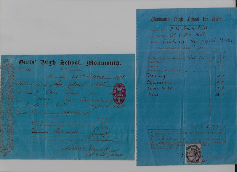 1901 two Monmouth high school for girls, invoices,  receipts for Colonel Neil