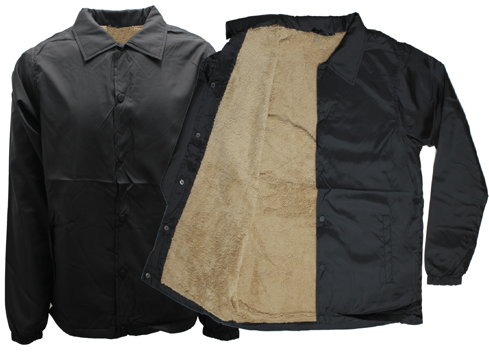 MEN'S BLACK WINDBREAKER COACHES JACKET SHERPA LINED SNAP BUTTON.