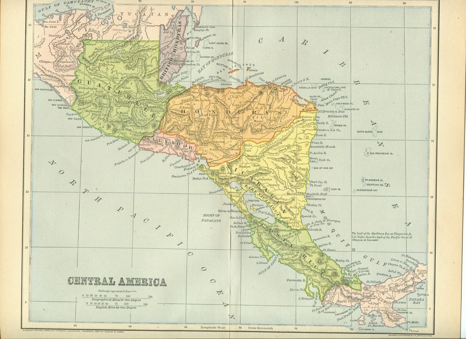 1883 Map Central America w Railways Russell Struthers 19th century lithograph