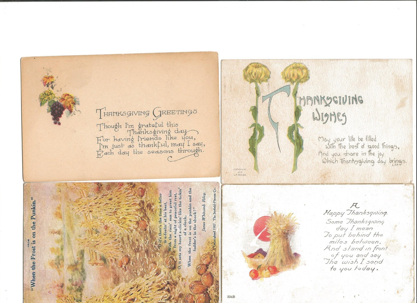 4 vintage 1909-21 thanksgiving greetings postcards w/ james