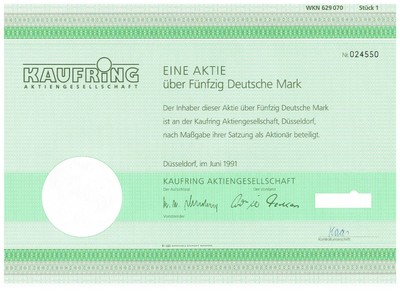 Kaufring  AG Düsseldorf Inhaber-Aktie über  50 DM 1991