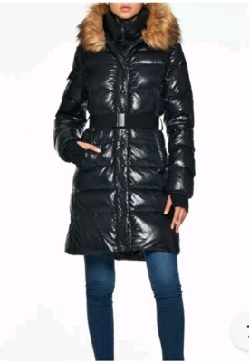 Nwt S13 Women's Challet Belted Faux-Fur-Trim Puffer Coat, Black, Size  Small 