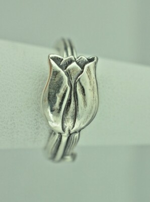 Dainty 925 Sterling Silver Blooming Tulip Flower Floral Adjustable Spoon Ring
