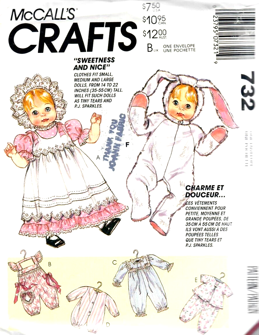 McCall's 5740/732 Baby Doll Clothes 14-22