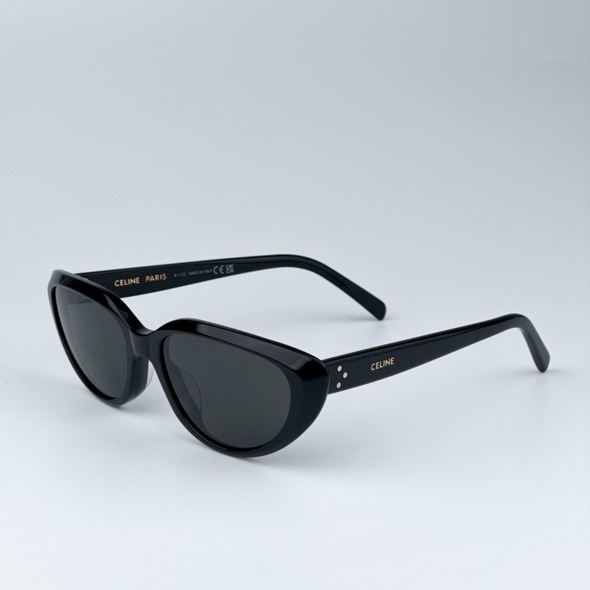 Pre-owned Celine Cl40220u 01a Thin Shiny Black Grey Cat Eye Women Sunglasses In Gray