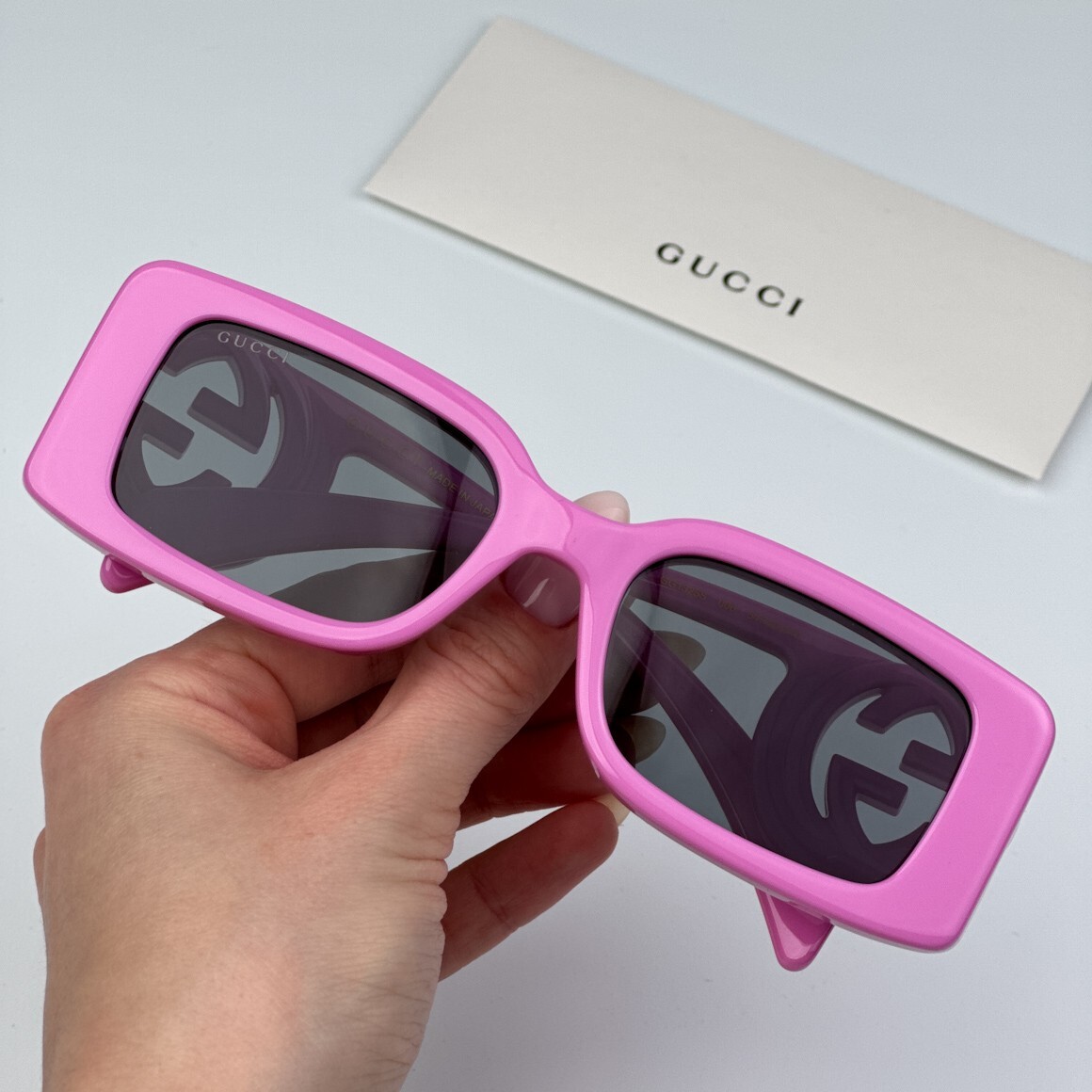 Pre-owned Gucci Gg1325s 006 Pink Grey Rectangle Unisex Sunglasses Gg 1325s In Gray
