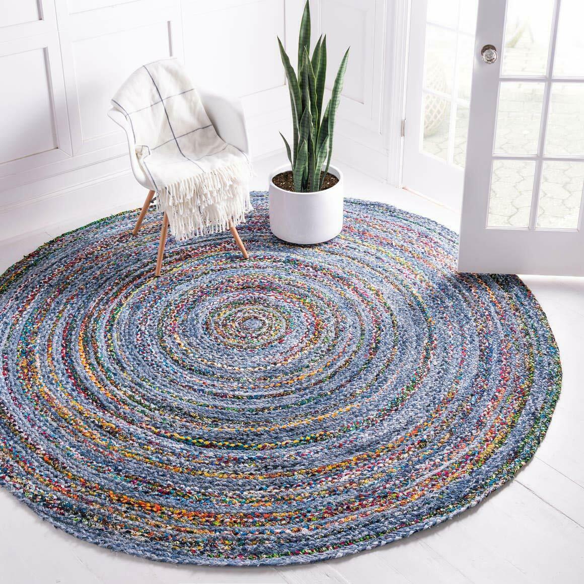 Round Blue Denim Cotton Carpet Braided Rustic Look Rug for Living Room Indoor