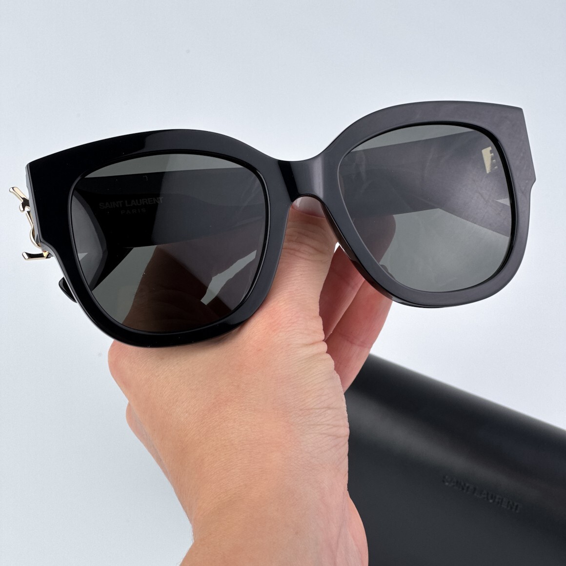 Pre-owned Saint Laurent Slm95/f 001 Black Grey Oversized Cat Eye Women Sunglasses In Gray