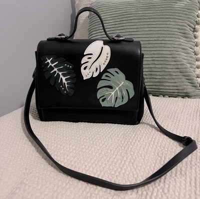 Mango Women's Purse Black Crossbody Bag Green White Leaves Vegan Leather