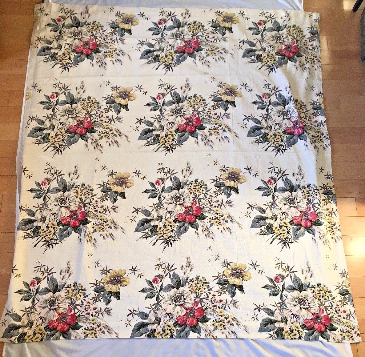 Vintage 6 Lg Barkcloth Floral Drapes Fabric Panels Shabby Chic White Pink Gold