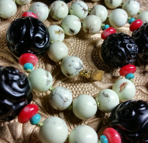 Vintage Chinese Carved Genuine Green Turquoise Coral Black Shou Bead Necklace