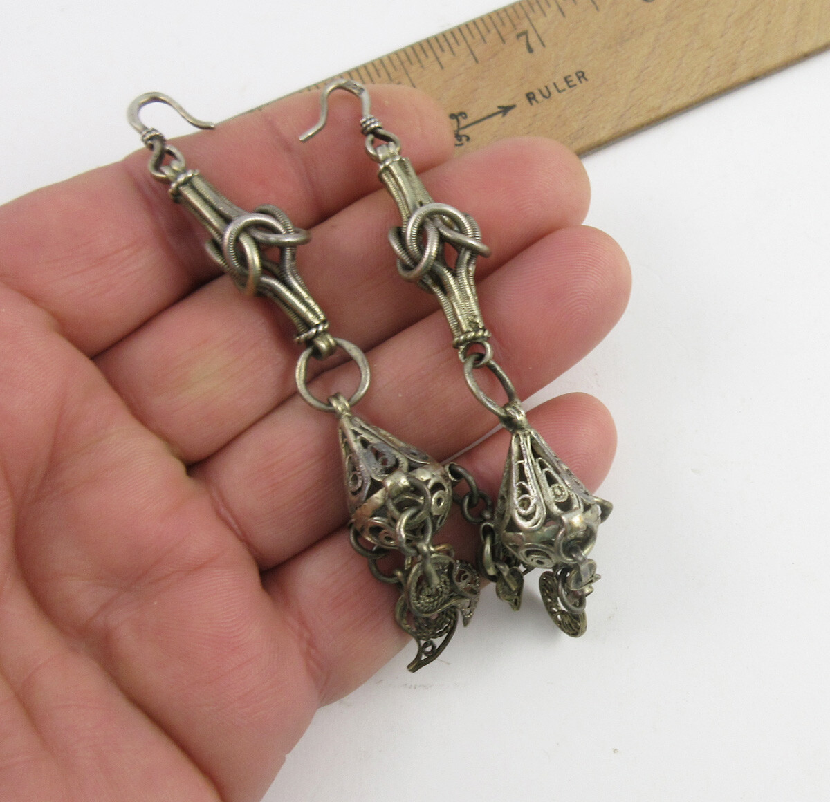 Pair of Vintage Middle Eastern 4 Inch Long Coin Silver Earrings
