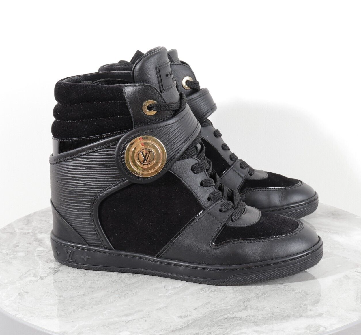 Women's Louis Vuitton Leather Black High Top Wedge Sneakers Women's Louis Vuitton Leather Black High Top Wedge Sneakers