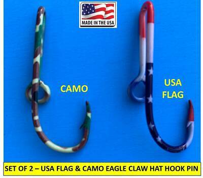 USA FLAG + CAMO HOOKS - EAGLE CLAW FISH HOOK HAT PIN MONEY CLIPS - Set of TWO(2)