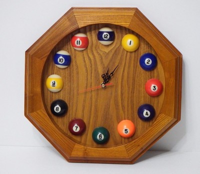 Home Wall Pool Billiard Clock Wooden Pool Balls Decor Octagon Battery Operated