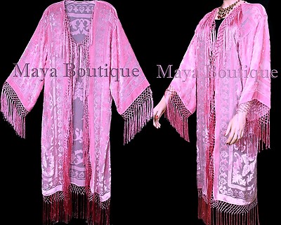 Pre-owned Maya Matazaro Candy Pink Silk Burnout Velvet Fringes Jacket Kimono Long Coat