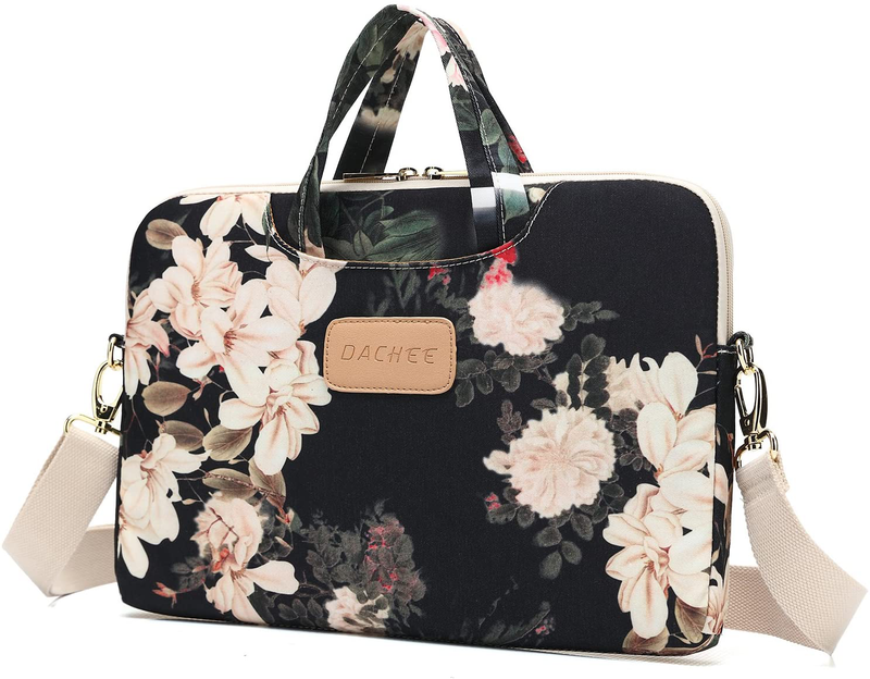 Black Peony Patten Waterproof Laptop Shoulder Messenger Bag 