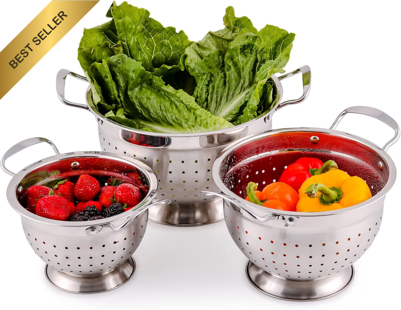 Premium Stainless Steel Colander Set of 3 Deep Kitchen Strainer, Dishwasher Safe