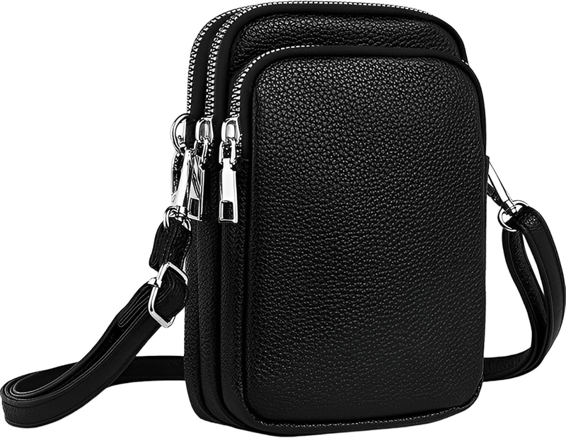 Soft Vegan Leather Crossbody Phone Bag for Women Ladies 3 Layers Zipper Wallet P