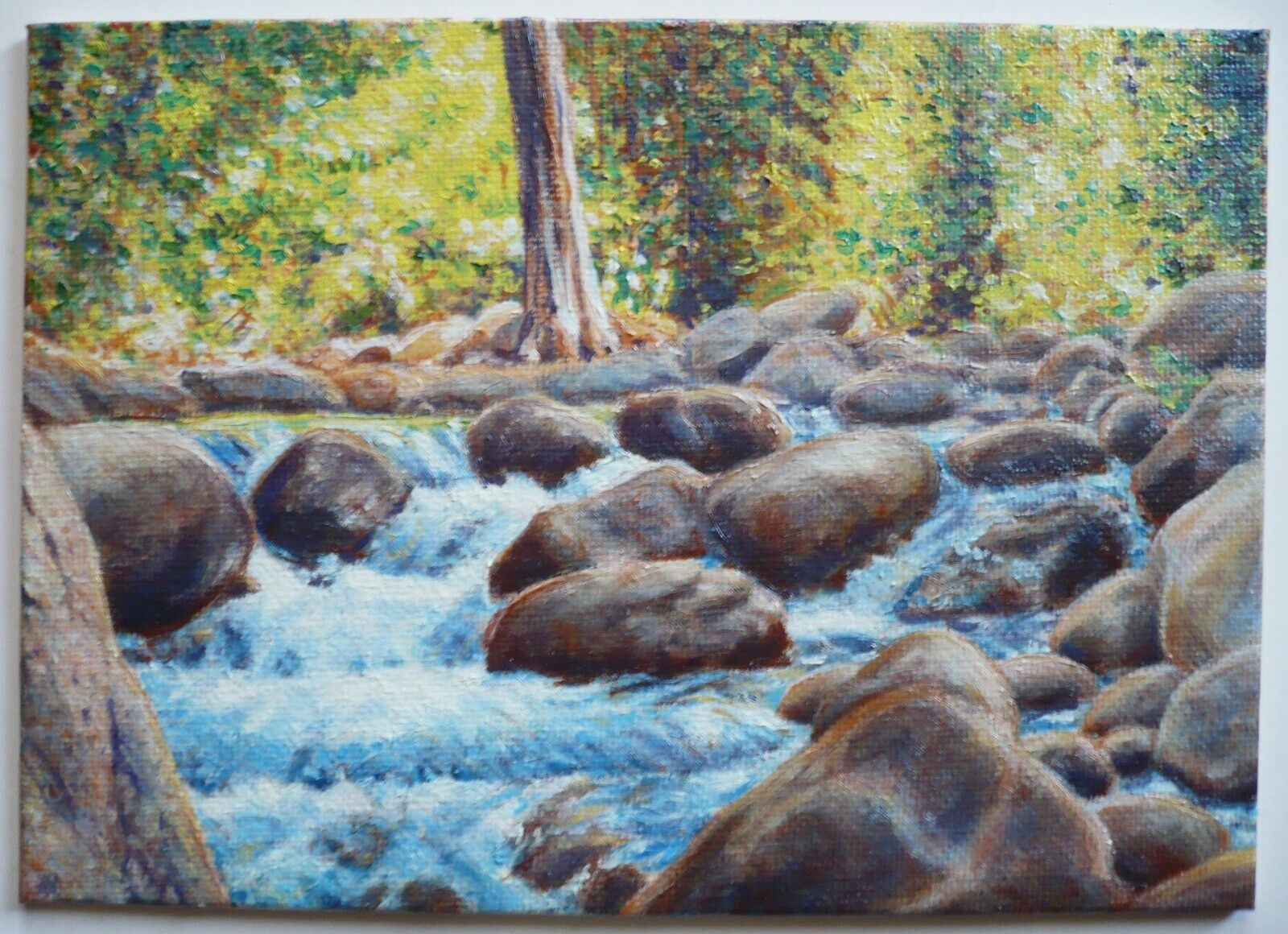 LOIS BOETTCHER, COLORFUL REALISM COLORIST, CREEK NATURE ROCKY STREAM VINTAGE OIL