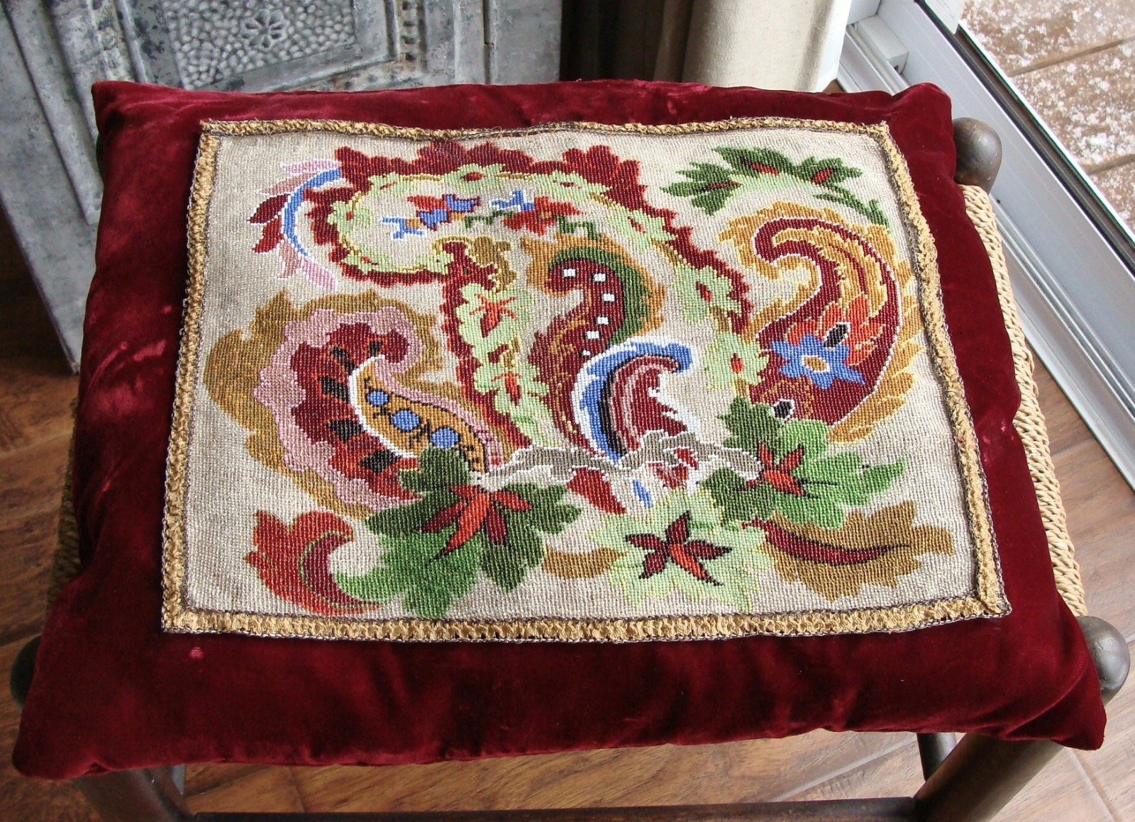 Antique Victorian Beadwork Beaded Needlepoint Silk Velvet Pillow